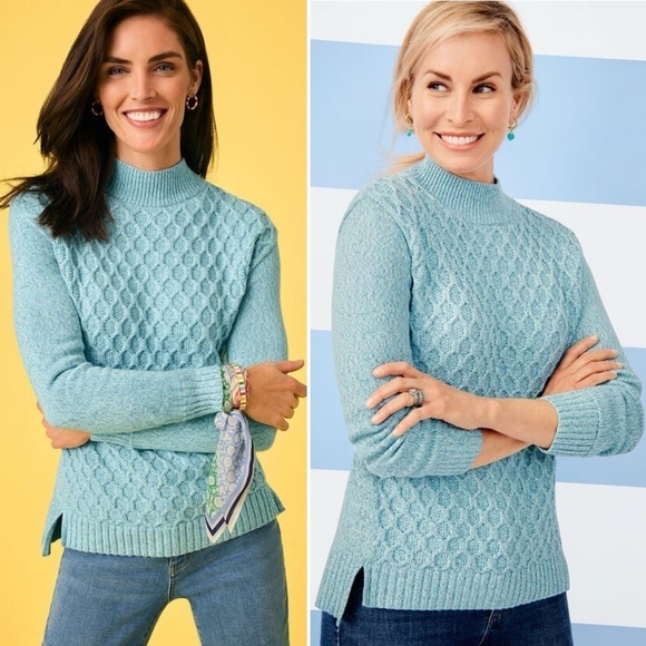 Talbots Honeycomb High-Low Mock Neck Sweater XL pastel blue cable knit casual - Picture 11 of 11